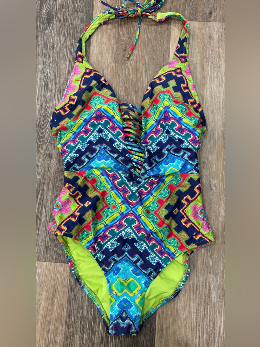Nanette Lepore Neon Lime & Multicolor Knot-Front One-Piece